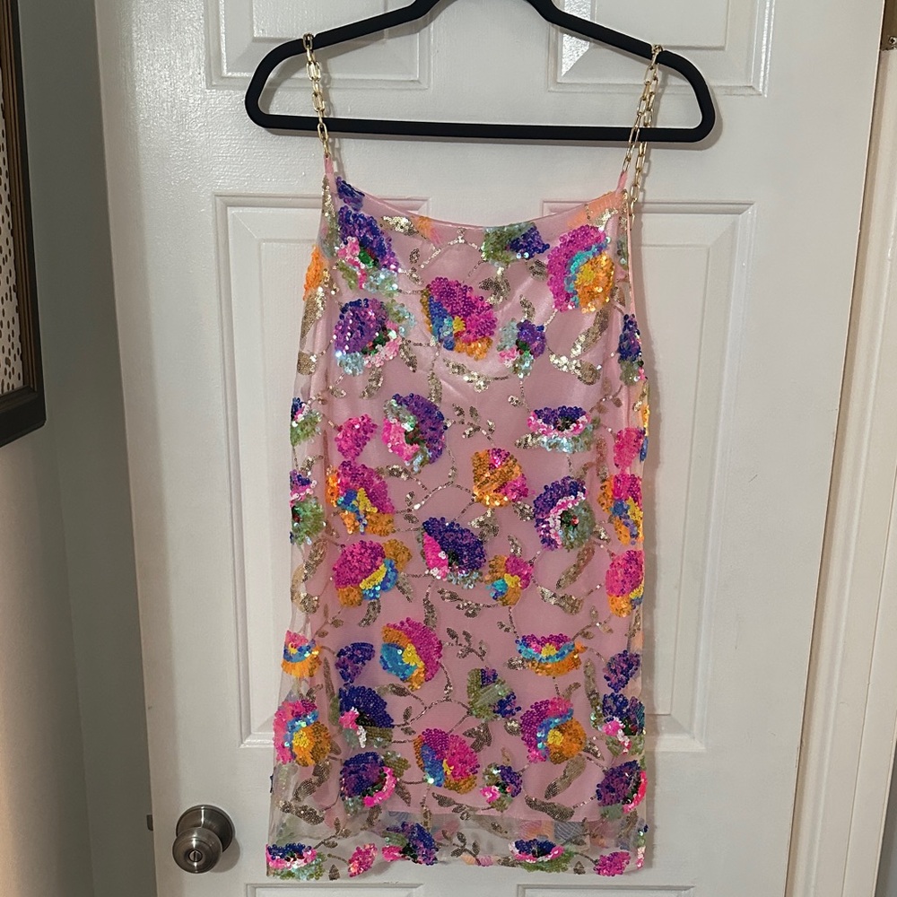 Amazon Pink Sequin Floral Mini Dress with Gold Chain Straps